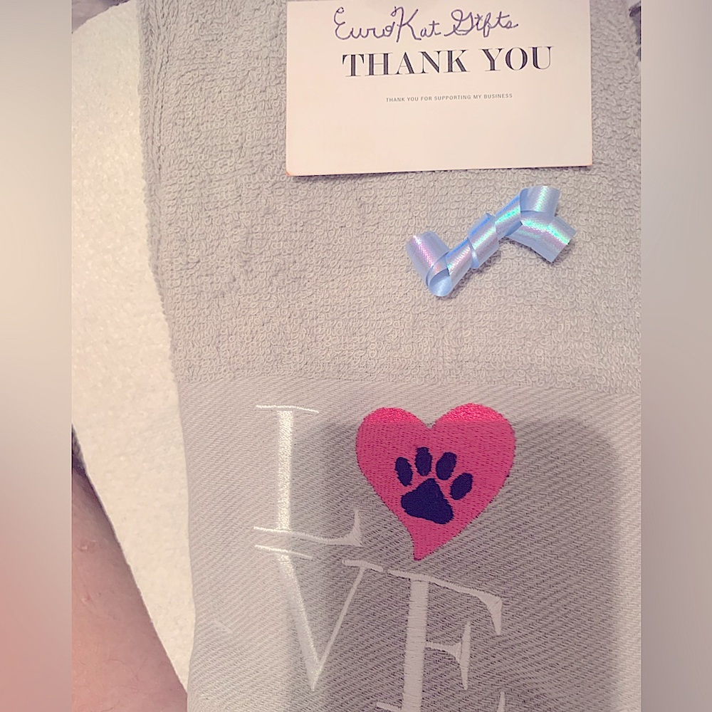 Basic Editions Gray Love Paw Print Embroidered Hand Towel for kitchen bath NEW
